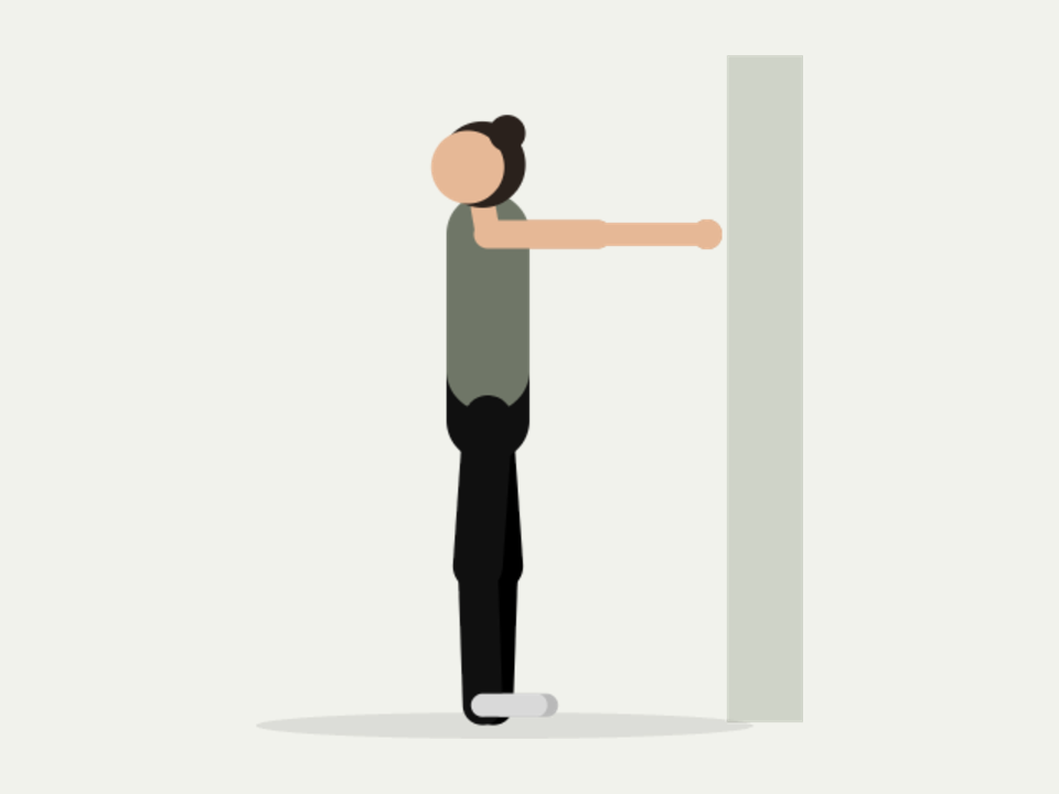 Illustration : étirement des pectoraux, bras tendu contre un mur