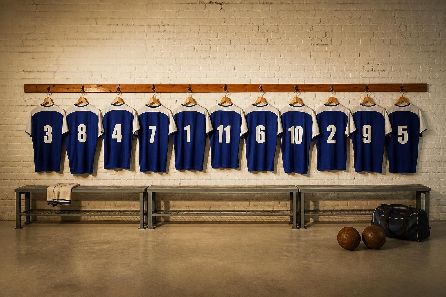 Vestiaire rétro avec maillots bleus suspendus