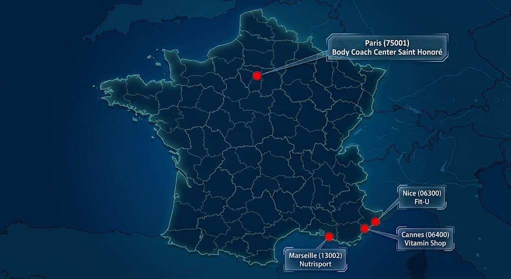 Carte de France des boutiques partenaires sweet sweat : Paris, Nice, Cannes et Marseille