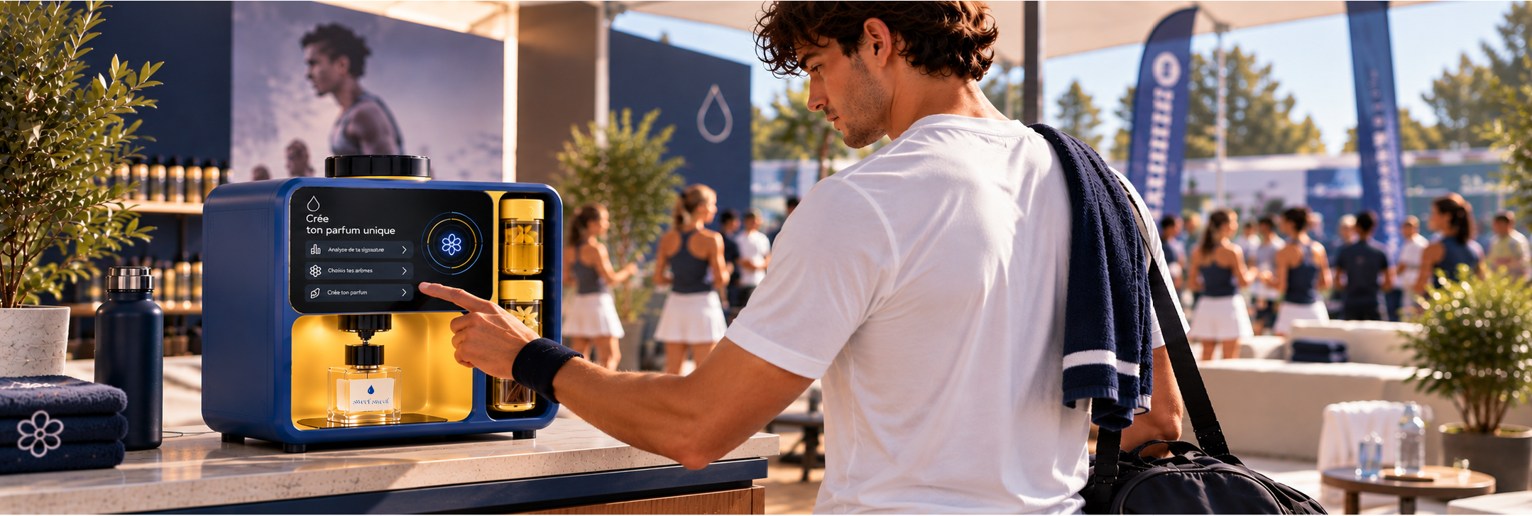 Un joueur crée son parfum sur la machine sweet sweat POP lors d’un tournoi de tennis
