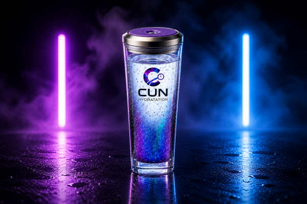 Gourde CUN illuminée dans la brume néon Verre premium CUN