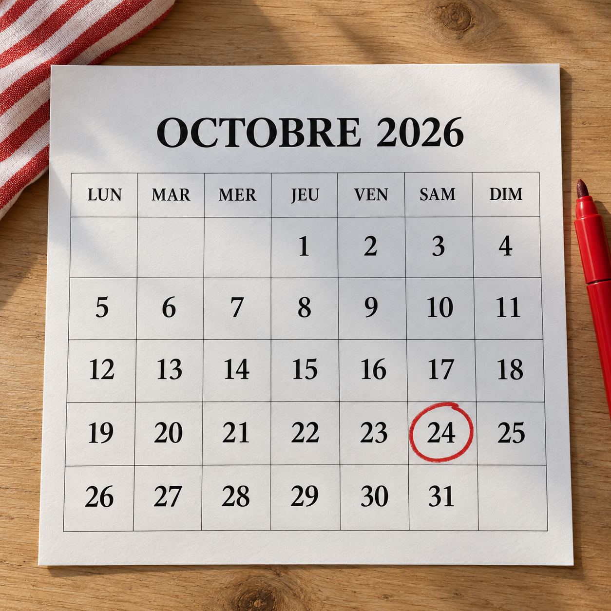 Un calendrier avec le 24 octobre entouré