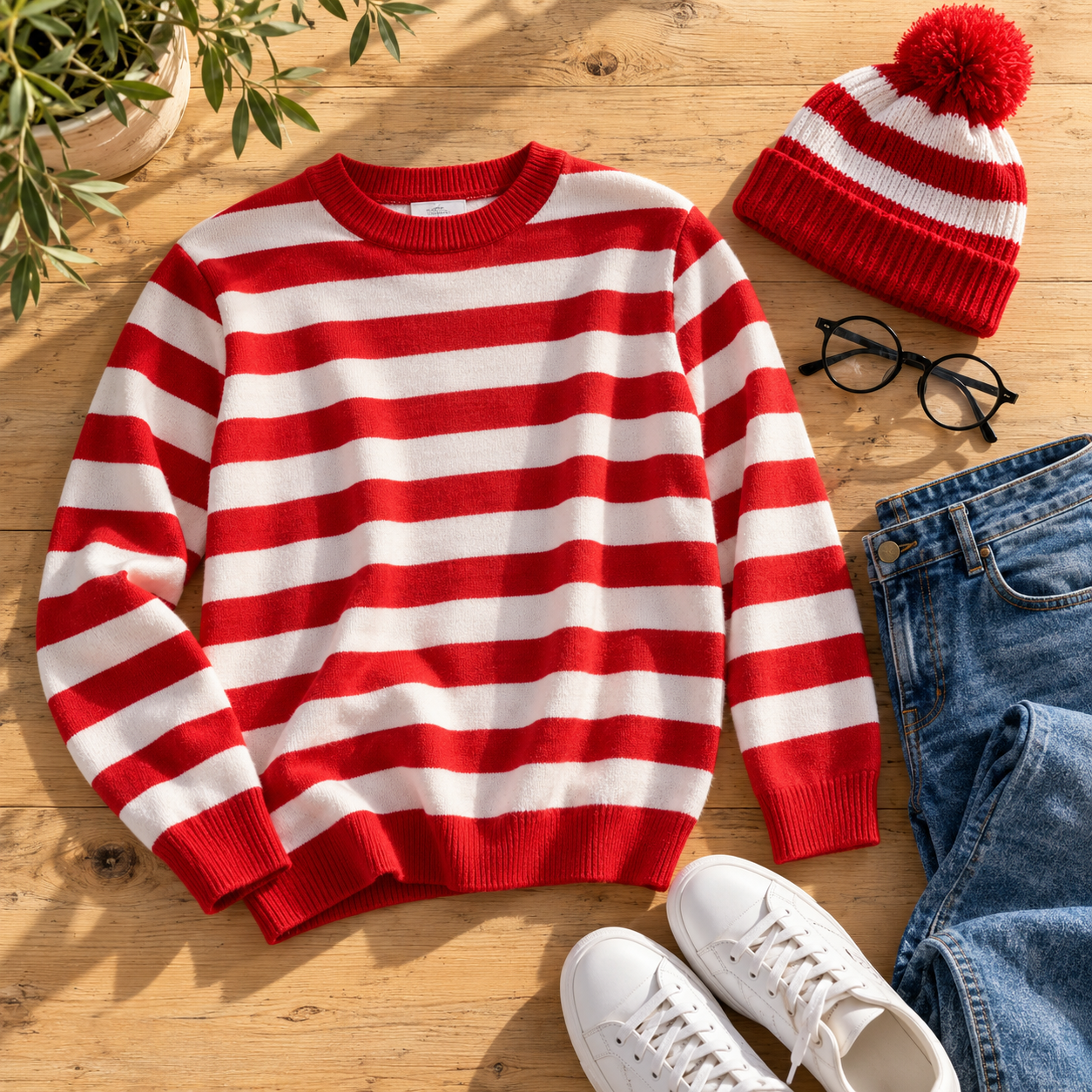 pull rayé blanc et rouge, un jean, des lunettes, un bonnet rayé rouge et blanc